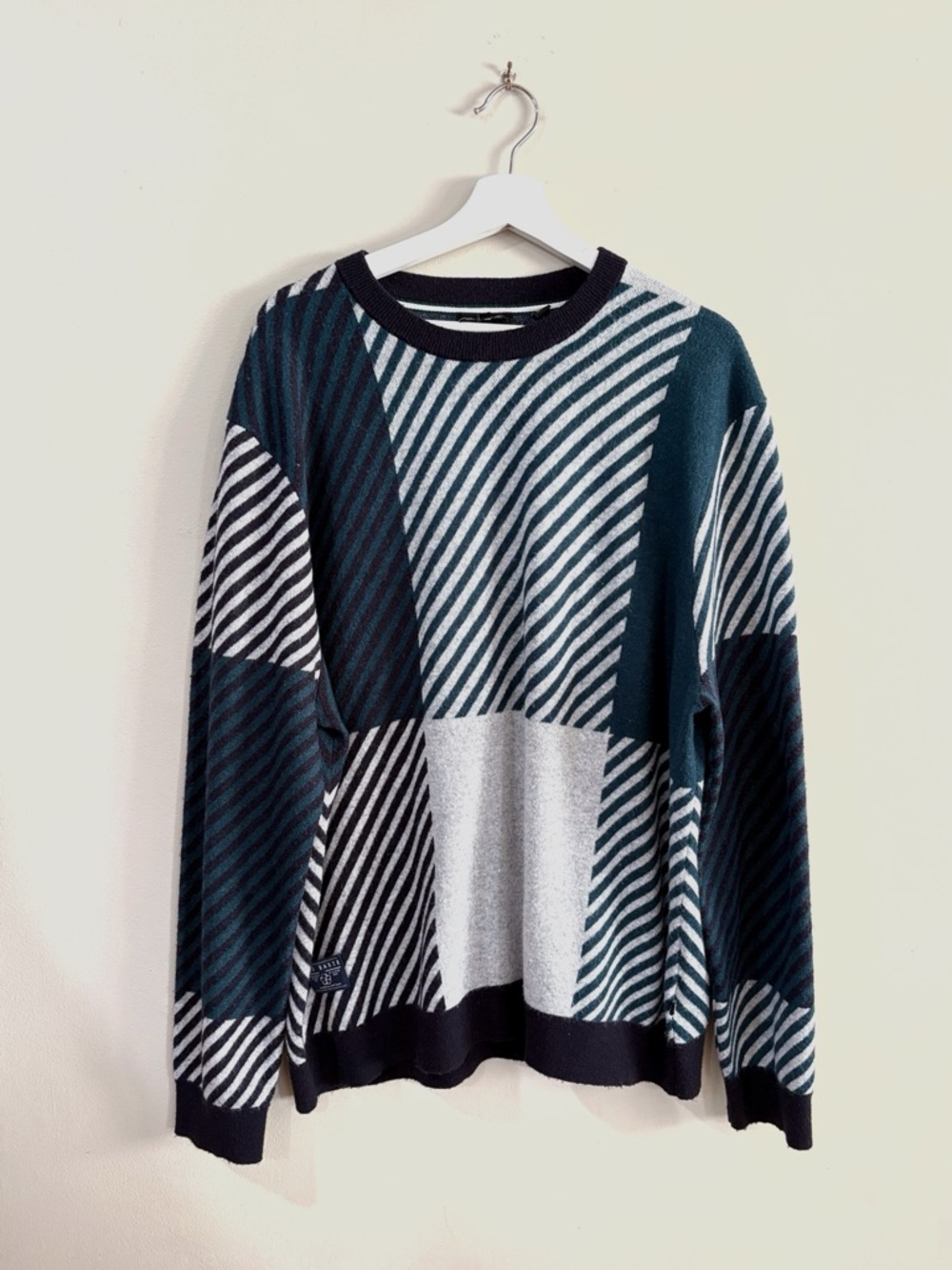 Ted Baker London Sweater Men 7 US XL Green Gray Patchwork Knit Modern Casual